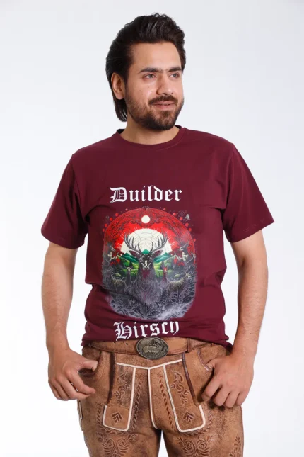 Maroon Bavarian T Shirt with Stag and Mountain Graphic.webp